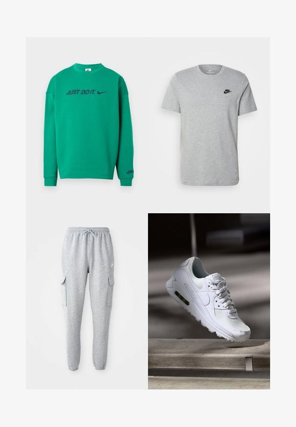 Grüner Sweatshirt aus Baumwolle mit Rundhalsausschnitt. Mit der Aufschrift "JUST DO IT." und dem Nike-Logo in dunkelblauer Schrift auf der Brust. Lange Ärmel.; Graues T-Shirt mit kurzen Ärmeln aus Baumwolle, mit einem schwarzen Nike-Logo auf der Brust und einem runden Ausschnitt. Minimalistisches Design ohne Muster.; Graue Sweatpants aus weichem Material, mit elastischem Bund und Kordelzug, zwei seitlichen Cargo-Taschen und schmal zulaufenden Bündchen.; Weiße Nike Air Max 90 Sneaker mit einem Obermaterial aus Mesh und Leder, durchlässigem Zehenbereich und einer sichtbaren Air-Einheit in der Ferse.