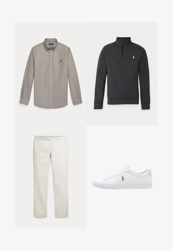 Donkergrijze trui met lange mouwen, een kwart ritssluiting in de kraag en een klein wit paardenlogo op de linkerborst.; Lichtgrijs overhemd met lange mouwen, knopen, kraag en blauw Polo Ralph Lauren geborduurd logo op de linkerborst.; Rechte broeken in roomkleur met riemlussen en een verborgen voorsluiting op een effen achtergrond.; Witte canvas sneakers met een laag ontwerp, featuring een beige hieltab en een klein geborduurd logo aan de zijkant. Rubber zool.