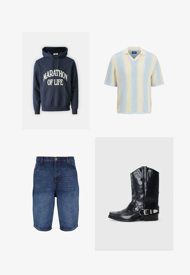Pompeii MARATHON HOODIE - Hættetrøje - navy; Strik polo t-shirt i pastelsky blå og creme striber. Har korte ærmer, en V-hals med en kontrasterende krave og et løst struktureret væv.; Mørkeblå denimshorts med en falmet finish. Har fem lommer, en frontknaplukning og syede detaljer langs sømmene.; Sort læder cowboystøvle med spidse tæer, høj skaft, dekorativ stitching og sølv spændehardware på remmen. Tekstureret overflade.
