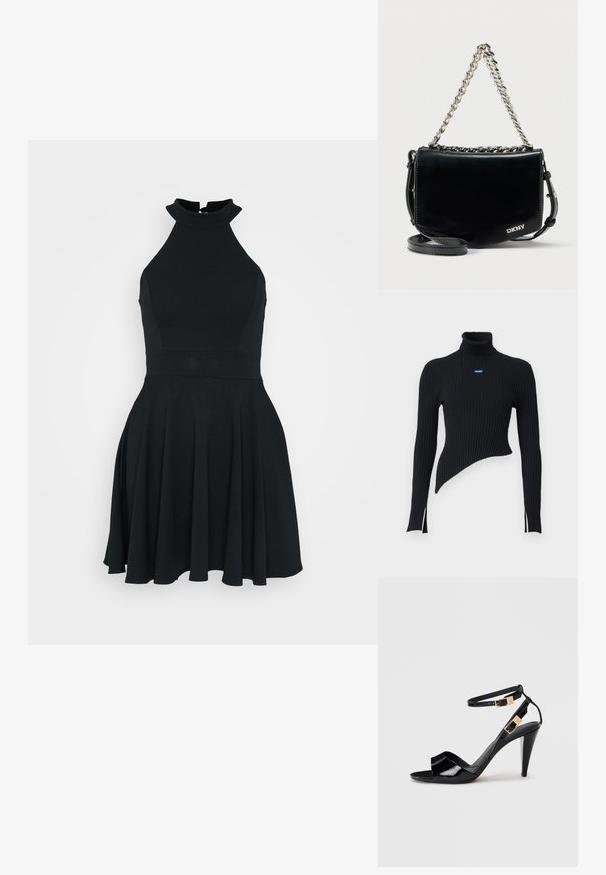 Sort ribbet turtleneck sweater med asymmetrisk kant og sidesplitter. Har et lille blåt logo på brystet. Fremstillet af blødt materiale.; Sort, ærmeløs kjole med høj halsudskæring, tætsiddende liv og udvidet skørt. Fremstillet af et glat, strækbart stof med et enkelt design.; Sorte patentlæder højhælede sandaler med dobbelte ankelremme og guldspænder, åben tå og slank taperet hæl på neutral baggrund.; Sort crossbody-taske i laklæder med sølvkæderem og aftagelig skulderrem, med et enkelt design og DKNY-logo.