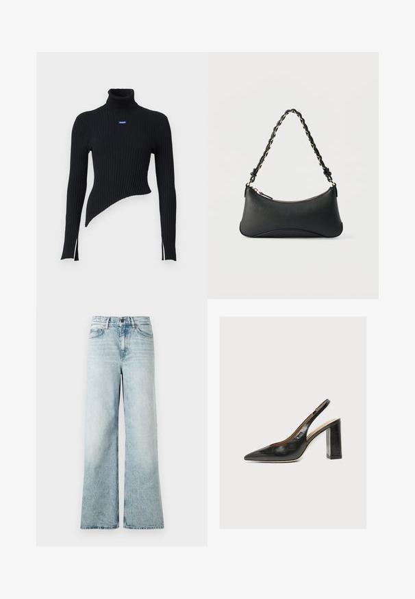 Sort ribbet turtleneck sweater med asymmetrisk kant og sidesplitter. Har et lille blåt logo på brystet. Fremstillet af blødt materiale.; Lyseblå vidde jeans lavet af denim, med høj talje, forkortet nederkant og en blød tekstur med falmede detaljer.; Sort dameslingback pumpe i læder med spids tå og tyk høj blokhæl på hvid baggrund.; Sort skuldertaske i læder med en buet rektangulær form, gyldent kæde vævet ind i en flettet sort rem og toplynlås.
