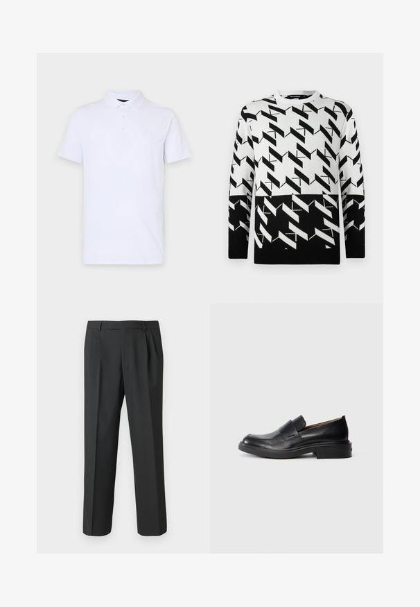 Sort og hvid langærmet sweater med dristige geometriske zigzag- og diagonale linjemønstre, rund halsudskæring, samt ribbede poster og nederste kant.; Hvid polo shirt lavet af blød bomuld, med en klassisk krave, tre-knaps placket og et lille, præget logo på brystet.; Sorte bukser lavet af glat stof med et lige ben-design, plisseret forside og standard linning med bæltestropper.; Sorte læder slip-on dress sko med lav hæl og subtil Calvin Klein logo på siden, vist i profil på en hvid baggrund.