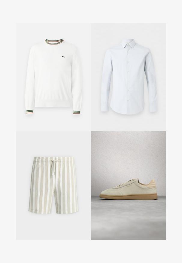 Pull blanc à col rond, avec des accents rayés verts, rouges et oranges sur le col et les manches. Logo Lacoste sur la poitrine.; Chemise homme bleu clair à manches longues boutonnée avec col pointu et motif texturé subtil sur fond blanc.; Shorts décontractés pour hommes avec des rayures verticales beige et blanc et une taille à cordon, sur un fond clair uni.; Baskets en daim beige avec semelle en caoutchouc texturée couleur gomme. Elles présentent des lacets plats, un bout arrondi et un logo discret sur le côté. Col légèrement rembourré.
