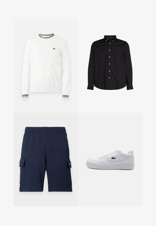 Weißer Pullover mit Rundhalsausschnitt, versehen mit grünen, roten und orangefarbenen gestreiften Akzenten am Kragen und den Ärmeln. Lacoste-Logo auf der Brust.; Schwarzes Button-up-Hemd aus Baumwolle mit strukturiertem Kragen, langen Ärmeln, weißen Knöpfen und einem kleinen Logo auf der Brust.; Marineblaue Cargo-Shorts aus weichem Stoff, mit einem elastischen Bund, zwei Seitentaschen und einem kleinen Logoakzent auf der linken Tasche.; Weiße Ledersneaker mit perforierter Zehenpartie und einem grünen Krokodil-Logo an der Außenseite. Sie verfügen über eine flache Sohle und ein Schnürdesign.