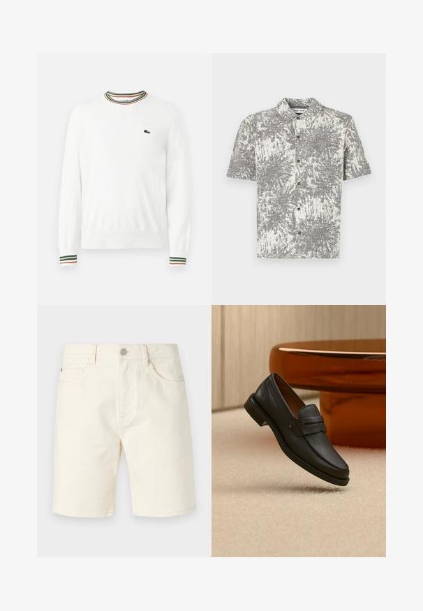 Pull blanc à col rond, avec des accents rayés verts, rouges et oranges sur le col et les manches. Logo Lacoste sur la poitrine.; Chemise à manches courtes avec motif abstrait noir et blanc. Comprend un col et des boutons sur le devant, fabriquée en tissu léger.; Shorts en denim beige clair avec une coupe classique, dotés de poches avant, de passants de ceinture et d'une fermeture à bouton. Texture lisse avec une couleur unie.; Mocassin homme en cuir noir avec une bande sur le dessus, présenté sur un tapis beige près d'une table ronde moderne marron.