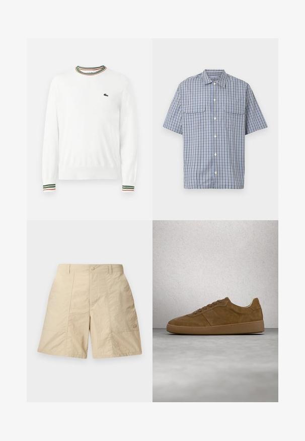 Valge sviiter, millel on ümmargune kaelus ja rohelised, punased ning oranžid triibud kaeluse ja varrukate ääres. Rinnal Lacoste logo.; Lühikeste varrukatega nööbitav särk, millel on sinise, valge ja musta ruuduline muster ning kaks rinna flap-taskut valgel taustal.; Beezid lühikesed püksid tekstuurse viimistlusega, ees nupuga kinnitamine, kaks külgtaskut ja väike logo alumises paremas nurgas.; Pruun seemisnahast spordijalats, millel on helepruunid paelad ja kummist talla. Omaduseks ümar ninaosa ning ülaosas õmmeldud detailid. Kerge disain.
