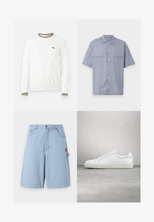 Suéter blanco con cuello redondo, que presenta acentos de rayas verdes, rojas y naranjas en el cuello y las mangas. Logo de Lacoste en el pecho.; Camisa de manga corta con botones, con patrón a cuadros en azul, blanco y negro, y dos bolsillos con solapa en el pecho sobre fondo blanco.; Shorts de mezclilla azul claro con un patrón texturizado, dos bolsillos frontales y un bolsillo lateral con un detalle de etiqueta roja.; Zapatilla blanca con parte superior de cuero liso y perfil bajo. Presenta una puntera redondeada, seis ojales y una suela de goma texturizada.