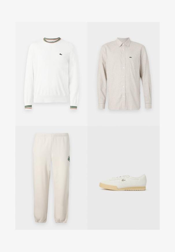 Hvid sweater med rund hals, prydet med grønne, røde og orange striber på kraven og ærmerne. Lacoste-logo på brystet.; Langærmet beige skjorte med rødt og blåt ternet mønster, knappet foran, krave og grøn krokodillelogo på venstre bryst.; Lys beige sweatpants lavet af bomuld, med elastisk talje, ribbede mansjetter og et grønt logo med bladdesign på venstre ben.; Hvide lædersneakers med en struktureret overflade, beige gummisål, snørebåndsdesign og subtil logodetalje på siden.