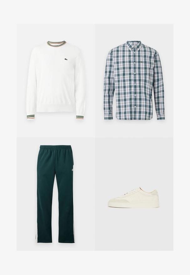 Hvid sweater med rund hals, prydet med grønne, røde og orange striber på kraven og ærmerne. Lacoste-logo på brystet.; Langærmet skjorte med knapper i et ternet mønster med grønne, blå og hvide farver; har krave og et Lacoste-logo på brystet.; Mørkegrønne sweatpants med elastisk hænger og hvide striber, der løber ned ad ydersiden af benene.; Hvide ruskinds-sneakers med en glat finish, rund tå, fladt snøresystem og kontrasterende teksturerede detaljer. Indeholder et diskret logo.
