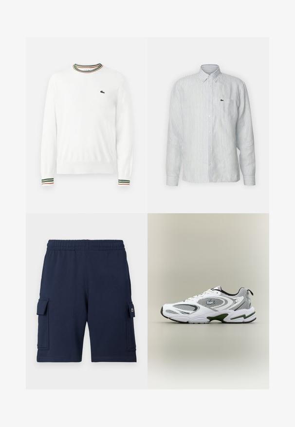 Suéter blanco con cuello redondo, que presenta acentos de rayas verdes, rojas y naranjas en el cuello y las mangas. Logo de Lacoste en el pecho.; Camisa abotonada hecha de tela ligera, con Rayas verticales en azul claro y blanco, mangas largas y un bolsillo en el pecho con un logo.; Pantalones cortos cargo azul marino hechos de tela suave, con una cintura elástica, dos bolsillos laterales y un pequeño detalle con logo en el bolsillo izquierdo.; Zapatilla deportiva de running en blanco y gris, con paneles de malla, acentos verdes, detalles en negro y un logo en el costado, vista desde el lado exterior.