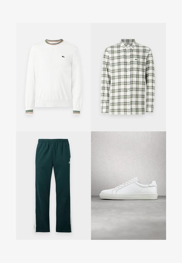 Biely sveter s okrúhlym výstrihom, ktorý má na golieri a rukávoch pruhy v zelených, červených a oranžových odtieňoch. Logo Lacoste na hrudi.; Košeľa na zapínanie v bielej farbe s zeleno-sivým károvaným vzorom. Má golier, dlhé rukávy a malé vyšívané logo na hrudi.; Tmavozelené tepláky s elastickým pásom a bielymi pruhmi, ktoré vedú pozdĺž vonkajších strán nôh.; Biele tenisky s hladkým koženým zvrškom a nízkym profilom. Majú zaoblenú špičku, šesť očiek a štruktúrovanú gumovú podrážku.