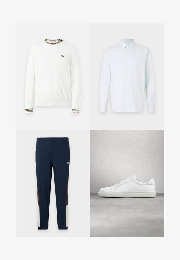 Suéter blanco con cuello redondo, que presenta acentos de rayas verdes, rojas y naranjas en el cuello y las mangas. Logo de Lacoste en el pecho.; Camisa de rayas azul claro y blanca de manga larga, con botones en la parte delantera, cuello puntiagudo, tela suave, que presenta un pequeño logo en el pecho.; Pantalones de chándal navy fabricados con un tejido suave, con paneles laterales en marrón y crema, cinturilla elástica y un pequeño logo en la parte frontal.; Zapatilla blanca con parte superior de cuero liso y perfil bajo. Presenta una puntera redondeada, seis ojales y una suela de goma texturizada.
