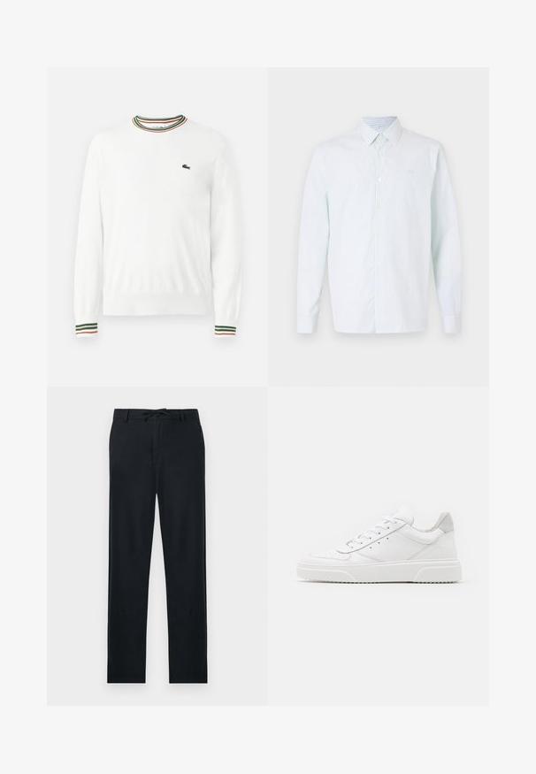 Suéter blanco con cuello redondo, que presenta acentos de rayas verdes, rojas y naranjas en el cuello y las mangas. Logo de Lacoste en el pecho.; Camisa de rayas azul claro y blanca de manga larga, con botones en la parte delantera, cuello puntiagudo, tela suave, que presenta un pequeño logo en el pecho.; Pantalones negros de material ligero, con corte recto, cintura ajustable con cordón y dos bolsillos laterales.; Zapatillas de cuero blanca con un acabado suave, punta redondeada, cordones planos y una suela texturada. Acento de ante gris en el talón.