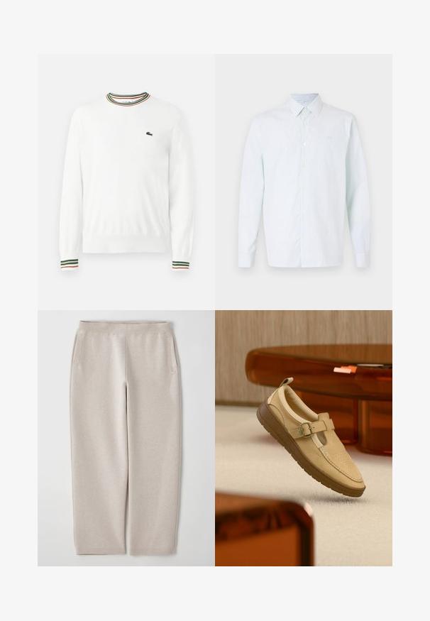 Suéter blanco con cuello redondo, que presenta acentos de rayas verdes, rojas y naranjas en el cuello y las mangas. Logo de Lacoste en el pecho.; Camisa de rayas azul claro y blanca de manga larga, con botones en la parte delantera, cuello puntiagudo, tela suave, que presenta un pequeño logo en el pecho.; Pantalones de chándal beige fabricados con tejido suave, que cuentan con una cinturilla ancha, bolsillos laterales y piernas ajustadas para un ajuste relajado.; Zapato beige de cuero sin cordones con correa de hebilla y suela de goma marrón, posicionado en el aire sobre un suelo alfombrado claro y cerca de un mueble translúcido ámbar.