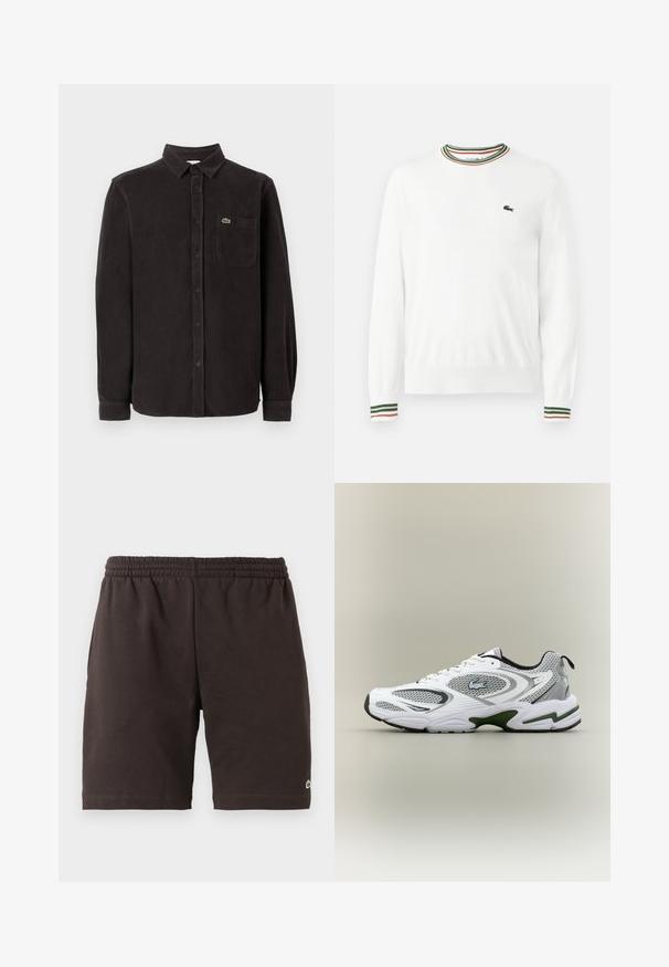 Pull blanc à col rond, avec des accents rayés verts, rouges et oranges sur le col et les manches. Logo Lacoste sur la poitrine.; Chemise en velours côtelé noire à manches longues, avec un col boutonné, une poche à l'avant et un petit logo vert sur le côté supérieur gauche.; Shorts en coton noir avec une taille élastique, un détail de couture sur les côtés et un petit logo sur le bas de la jambe gauche.; Baskets de course blanches et grises avec des panneaux en mesh, accents verts, détails noirs et un logo sur le côté, présentées par l'extérieur.