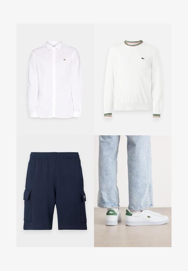 Witte trui met ronde hals, voorzien van groene, rode en oranje gestreepte accenten op de kraag en mouwen. Lacoste-logo op de borst.; Witte lange mouwen shirt van katoen, met een button-down kraag, een groen geborduurd logo op de linkerkant van de borst en rechte mouwen.; Marineblauwe cargoshorts gemaakt van zachte stof, met een elastische tailleband, twee zijzakken en een klein logoaccent op de linkerzak.; Witte leren sneakers met groene accenten op de hiel en geborduurd logo. Glad textuur, low-top ontwerp, gecombineerd met lichtblauwe jeans.