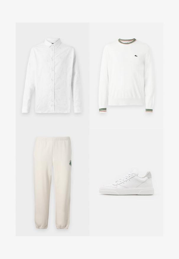 Pull blanc à col rond, avec des accents rayés verts, rouges et oranges sur le col et les manches. Logo Lacoste sur la poitrine.; Chemise blanche à manches longues en coton, ornée de broderies à motif subtil, avec un col boutonné et une fermeture à boutons à l'avant.; Pantalon de jogging beige clair en coton, doté d'une taille élastique, de poignets en côtes et d'un logo vert avec un design de feuille sur la jambe gauche.; Des baskets en cuir blanc avec une finition lisse, un bout rond, des lacets plats et une semelle texturée. Accents en daim gris au niveau du talon.