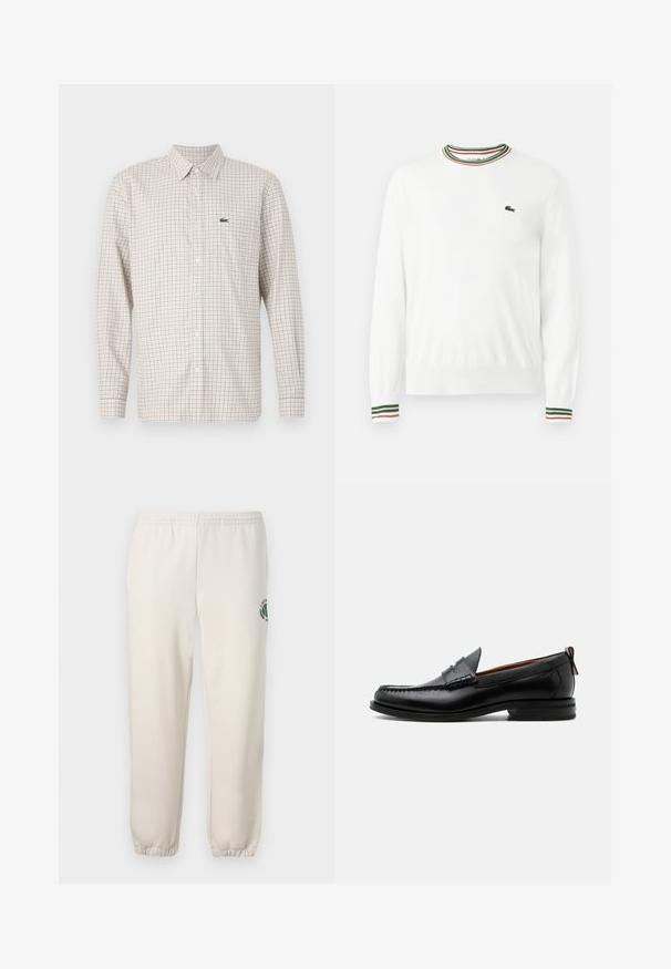 Pull blanc à col rond, avec des accents rayés verts, rouges et oranges sur le col et les manches. Logo Lacoste sur la poitrine.; Chemise beige à manches longues avec motif quadrillé rouge et bleu, fermée par des boutons à l'avant, col et logo crocodile vert sur la poitrine gauche.; Pantalon de jogging beige clair en coton, doté d'une taille élastique, de poignets en côtes et d'un logo vert avec un design de feuille sur la jambe gauche.; Mocassin homme en cuir noir avec couture moc toe, bride penny, col texturé et petit talon empilé sur fond blanc.