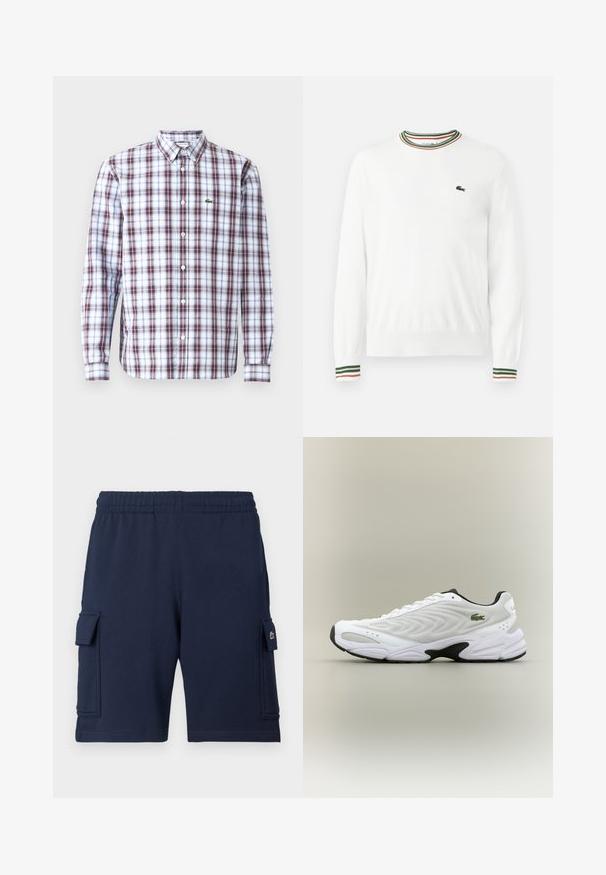 Biely sveter s okrúhlym výstrihom, ktorý má na golieri a rukávoch pruhy v zelených, červených a oranžových odtieňoch. Logo Lacoste na hrudi.; Košeľa s dlhým rukávom a gombíkmi, s červenobielo-modrým kockovaným vzorom, vyrobená z ľahkého materiálu, s malým zeleným logom na hrudi.; Námornícky modré cargo šortky vyrobené z mäkkej látky, s elastickým pásom, dvoma bočnými vreckami a malým logom na ľavom vrecku.; Biele atletické tenisky s textúrovaným sieťovinovým zvrškom, zakriveným dizajnom a kontrastnou čiernou podrážkou. S greennou vyšívanou nášivkou na boku.