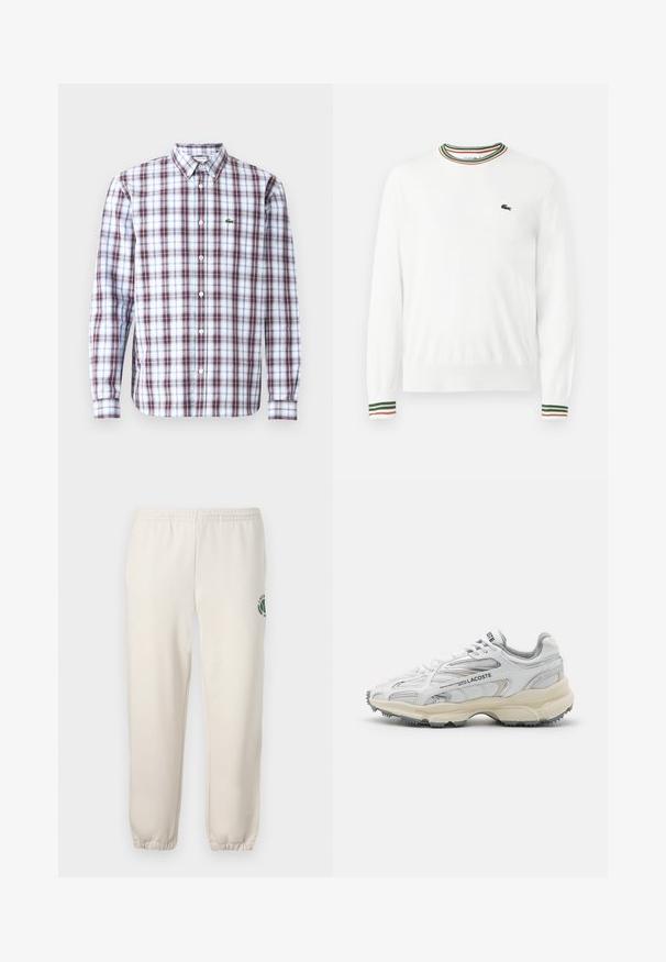 Biely sveter s okrúhlym výstrihom, ktorý má na golieri a rukávoch pruhy v zelených, červených a oranžových odtieňoch. Logo Lacoste na hrudi.; Košeľa s dlhým rukávom a gombíkmi, s červenobielo-modrým kockovaným vzorom, vyrobená z ľahkého materiálu, s malým zeleným logom na hrudi.; Svetlo béžové tepláky z bavlny s elastickým pásom, rebrovanými manžetami a zeleným logom s dizajnom listu na ľavej nohe.; Biele športové topánky s šedými akcentmi, sieťovinovou a syntetickou vrchnou časťou, viazanie na šnúrky a texturovanou gumovou podrážkou s protišmykovými vzormi.