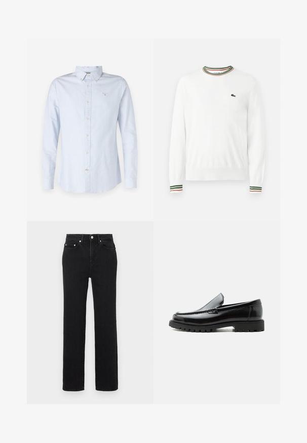 Witte trui met ronde hals, voorzien van groene, rode en oranje gestreepte accenten op de kraag en mouwen. Lacoste-logo op de borst.; Lichtblauw lang sleevenshirt met een button-down kraag, geweven stof, frontale knoopsluiting en klein geborduurd logo op de borst.; Zwarte, hoog getailleerde jeans met rechte pijpen, voor- en achterzakken, zilveren knoopsluiting en lussen voor een riem, op een witte achtergrond.; Zwarte leren loafer met dikke rubberen zool, gestikte bovenkant en gegraveerde merknaam op de hiel, zijaanzicht op witte achtergrond.