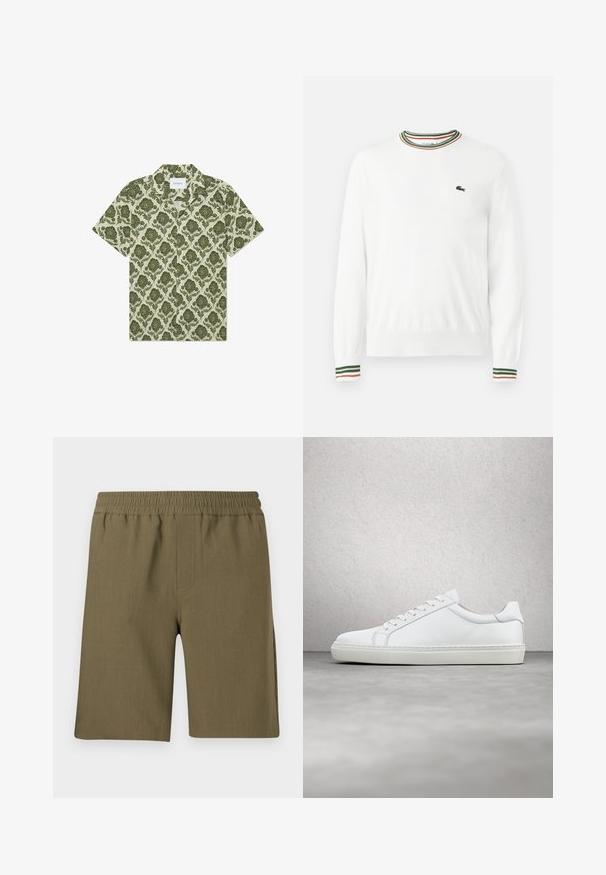 Biely sveter s okrúhlym výstrihom, ktorý má na golieri a rukávoch pruhy v zelených, červených a oranžových odtieňoch. Logo Lacoste na hrudi.; Košeľa s krátkym rukávom so zeleným kvetinovým vzorom na svetlom béžovom pozadí. Obsahuje golier a štítok s nápisom "Les Deux."; Samsøe Samsøe SMITH - Šortky - four leaf clover; Biele tenisky s hladkým koženým zvrškom a nízkym profilom. Majú zaoblenú špičku, šesť očiek a štruktúrovanú gumovú podrážku.