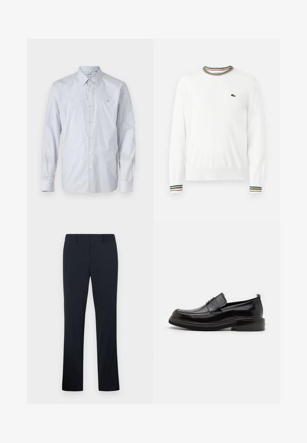Pull blanc à col rond, avec des accents rayés verts, rouges et oranges sur le col et les manches. Logo Lacoste sur la poitrine.; Chemise à manches longues rayée en mélange de coton bleu clair et blanc. Dotée d'une fermeture à boutons, d'un col classique et d'un petit logo brodé sur la poitrine.; Pantalon habillé noir à jambes droites pour homme avec passants de ceinture et fermeture éclair à l'avant, présenté sur un fond clair uni.; Calvin Klein MOCCASIN - Mocassins de ville - black