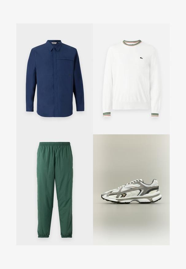 Biely sveter s okrúhlym výstrihom, ktorý má na golieri a rukávoch pruhy v zelených, červených a oranžových odtieňoch. Logo Lacoste na hrudi.; Námornícka košeľa s dlhým rukávom a golierom s gombíkmi, jednou náprsní kapsou a čistou, hladkou textúrou. Na kapse je umiestnené malé logo.; Zelené, ľahké, elastické nohavice so sťahovacím pásom a manžetami, vyrobené z hladkého, vodoodpudivého materiálu.; Športová obuv s bielym sieťovinovým zvrškom, sivými akcentmi, čiernou gumovou podrážkou a aerodynamickým dizajnom. Obsahuje šnúrky a textúrované detaily.