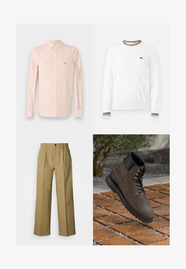 Weißer Pullover mit Rundhalsausschnitt, versehen mit grünen, roten und orangefarbenen gestreiften Akzenten am Kragen und den Ärmeln. Lacoste-Logo auf der Brust.; Hellorange und weiße kariert Stoffhemd mit langen Ärmeln, Button-Down-Kragen und Brusttasche. Verfügt über ein dezentes Logo auf der Tasche.; Beige weite Baumwollhosen mit Knopfleiste, drei Falten und geraden Säumen für eine lockere Passform.; Braune Wildleder-Ankle-Boots mit schwarzen Lederakzenten, runder Zehenform, Metallösen und Schnürsenkeln. Gummisohle mit strukturiertem Grip. Schwebend über Holzfliesen.