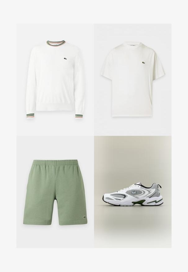 Valge sviiter, millel on ümmargune kaelus ja rohelised, punased ning oranžid triibud kaeluse ja varrukate ääres. Rinnal Lacoste logo.; Valge lühikeste varrukatega t-särk ümara kaelusega ja väikese rohelise krokodilli logoga vasakul rinnal.; Roheline puuvillane lühike püksid elastse vöökohtaga, mugav lõige ja väike broderi logo alumisel vasakul poolel. Sile tekstuur, taskuteta.; Valge ja hall sportlik jooksujalats, millel on võrgupaneelid, rohelised aktsendid, mustad detailid ja küljes logo, nähtuna välisküljelt.