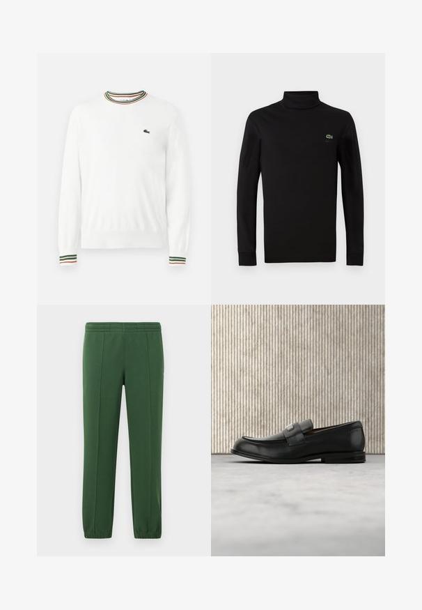 Valge sviiter, millel on ümmargune kaelus ja rohelised, punased ning oranžid triibud kaeluse ja varrukate ääres. Rinnal Lacoste logo.; Must have mustikasärgid, mis on valmistatud siledast puuvillast, musta värvi ja pika varrukaga, vasakus rinnas on väike roheline krokodilli logo.; Rohelised dressipüksid pehmest kangast; omaduseks on elastne vöökoht, kitsenevad jalad ja väikene logo külje peal.; Mustast nahast loafer metallist brändiplaadiga, mis asub pruunist ümarast lauast lähedal beežil vaibaga kaetud põrandal.