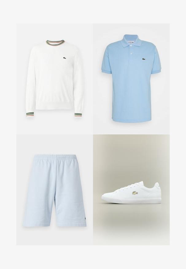 Weißer Pullover mit Rundhalsausschnitt, versehen mit grünen, roten und orangefarbenen gestreiften Akzenten am Kragen und den Ärmeln. Lacoste-Logo auf der Brust.; Hellblaues Poloshirt aus Baumwolle, mit umgeschlagenem Kragen, drei Knöpfen und einem grünen gestickten Lacoste-Logo auf der linken Brust.; Helle blaue Baumwollshorts mit elastischem Bund. Einfaches, einfarbiges Design und offener Saum. Logo-Verzierung am unteren Saum.; Weiße Ledersneaker mit goldenem Logo, flachen Schnürsenkeln, strukturiertem weißen Sohlen, runder Zehenform und minimalistisches Design.