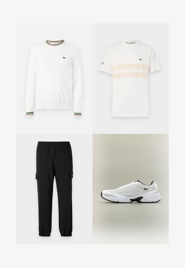 Suéter blanco con cuello redondo, que presenta acentos de rayas verdes, rojas y naranjas en el cuello y las mangas. Logo de Lacoste en el pecho.; Camiseta de algodón blanca con dos franjas horizontales beige, pequeño logo bordado en el pecho y cuello redondo. Mangas cortas.; Pantalones de chándal negros con cintura elástica, puños ajustados y bolsillos laterales tipo cargo. Fabricados con material suave y textura lisa.; Zapatilla deportiva blanca con parte superior de malla texturizada, diseño curvado y suela exterior negra en contraste. Presenta un logo verde bordado en el lateral.