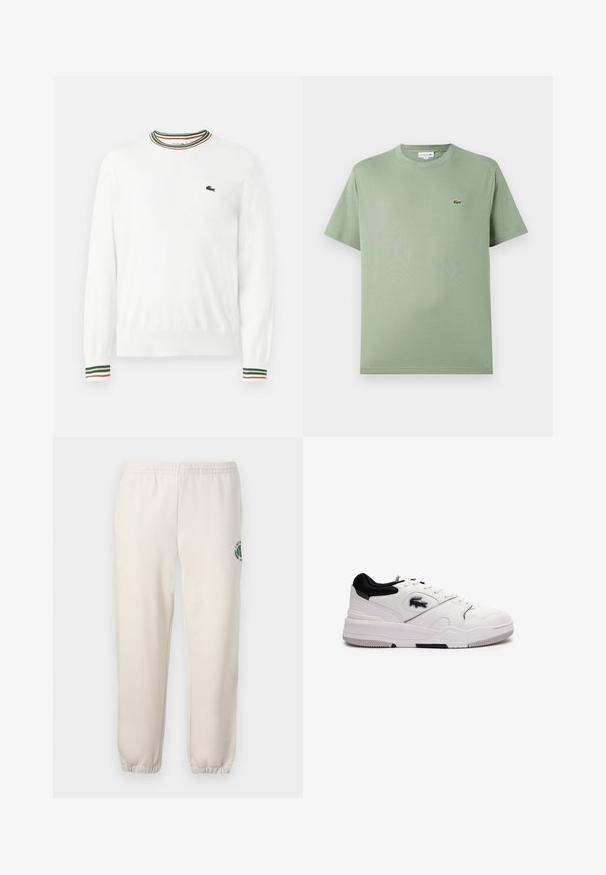Biely sveter s okrúhlym výstrihom, ktorý má na golieri a rukávoch pruhy v zelených, červených a oranžových odtieňoch. Logo Lacoste na hrudi.; Svetlozelené bavlnené tričko s okrúhlym výstrihom, krátkymi rukávmi a malým logom na ľavej strane hrude. Hladká textúra, štandardný strih.; Svetlo béžové tepláky z bavlny s elastickým pásom, rebrovanými manžetami a zeleným logom s dizajnom listu na ľavej nohe.; Biele tenisky s čiernymi akcentmi, syntetický materiál, guľatá špička, šnurovací dizajn, strukturný povrch a gumová podrážka s protišmykovým vzorom.
