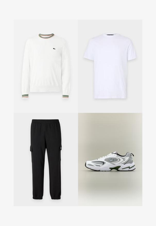 Biely sveter s okrúhlym výstrihom, ktorý má na golieri a rukávoch pruhy v zelených, červených a oranžových odtieňoch. Logo Lacoste na hrudi.; Biela bavlnená tričko s krátkymi rukávmi a okrúhlym výstrihom, s jemne embosovaným logom na ľavej hrudi, hladká textúra.; Čierne tepláky s elastickým pásom, zúženými manžetami a bočnými cargo vreckami. Vyrobené z mäkkého materiálu s hladkou textúrou.; Biele a šedé športové bežecké topánky so sieťovými panelmi, zelenými akcentmi, čiernymi detailmi a logom na boku, zobrazené z vonkajšej strany.
