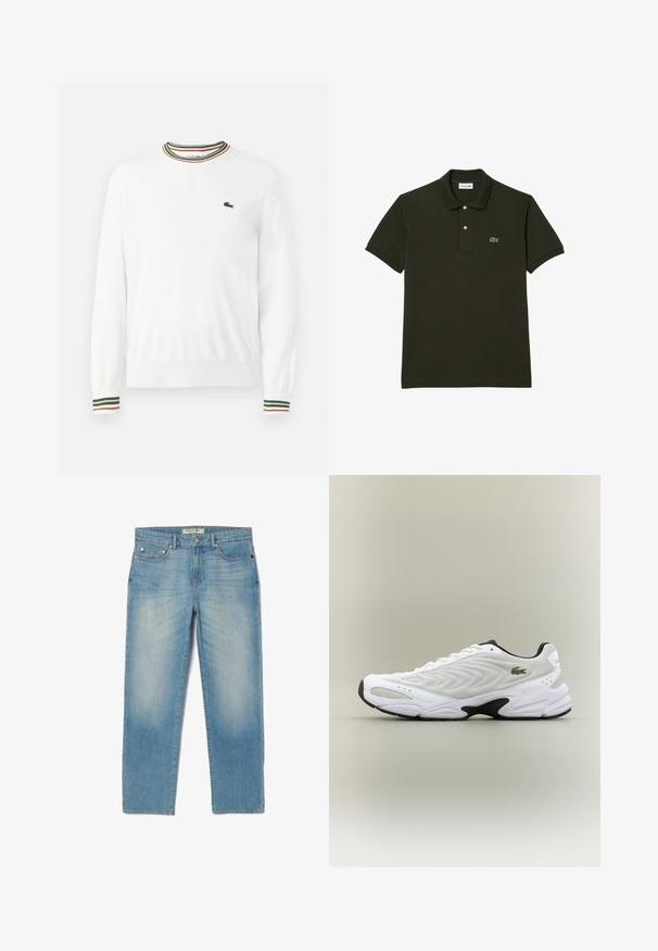 Witte trui met ronde hals, voorzien van groene, rode en oranje gestreepte accenten op de kraag en mouwen. Lacoste-logo op de borst.; Donkergroene polo van katoen, met een klassieke kraag, een twee-knopenstraat en een klein geborduurd krokodillenlogo op de borst.; Lichtblauwe denim jeans met een recht gesneden ontwerp, vijf zakken en een licht vervaagde wassing. Voorzien van zilverkleurige hardware en een merklabel op de tailleband.; Witte sportieve schoen met een textuur van gaas bovenwerk, gebogen ontwerp en contrasterende zwarte zool. Heeft een groen geborduurd logo aan de zijkant.