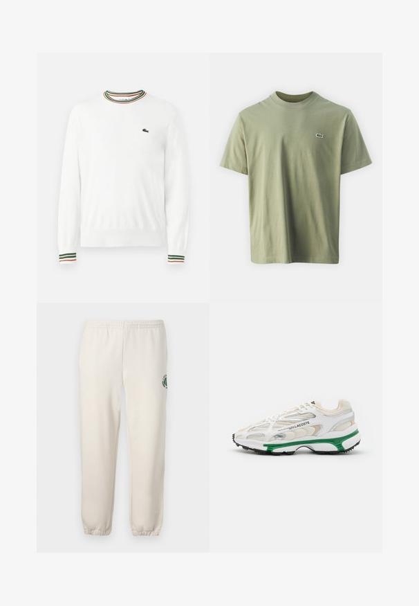 Pull blanc à col rond, avec des accents rayés verts, rouges et oranges sur le col et les manches. Logo Lacoste sur la poitrine.; T-shirt en coton vert olive avec encolure ronde et manches courtes. Présente un petit logo brodé sur la poitrine. Texture lisse.; Pantalon de jogging beige clair en coton, doté d'une taille élastique, de poignets en côtes et d'un logo vert avec un design de feuille sur la jambe gauche.; Sneaker blanc avec accents verts et semelle en caoutchouc noir. Comprend des panneaux en mesh et en synthétique, avec une finition texturée et des coutures visibles.
