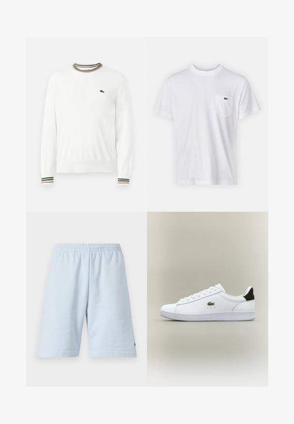 Weißer Pullover mit Rundhalsausschnitt, versehen mit grünen, roten und orangefarbenen gestreiften Akzenten am Kragen und den Ärmeln. Lacoste-Logo auf der Brust.; Weißes Baumwoll-T-Shirt mit Rundhalsausschnitt und kurzen Ärmeln. Verfügt über eine linke Brusttasche und ein kleines grünes Lacoste-Logo.; Helle blaue Baumwollshorts mit elastischem Bund. Einfaches, einfarbiges Design und offener Saum. Logo-Verzierung am unteren Saum.; Weiße Leder-Sneaker mit glatter Oberfläche, ausgestattet mit einem grünen, gestickten Krokodil-Logo, flacher weißer Sohle und schwarzem Fersenakzent.