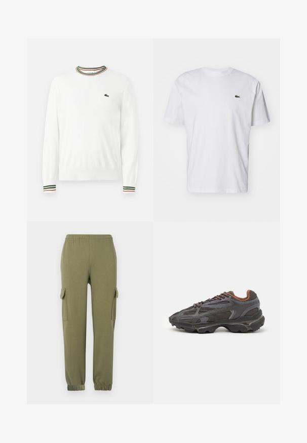 Suéter blanco con cuello redondo, que presenta acentos de rayas verdes, rojas y naranjas en el cuello y las mangas. Logo de Lacoste en el pecho.; Camiseta de algodón blanca con cuello redondo, mangas cortas y un pequeño logotipo bordado en verde en el pecho. Diseño clásico de corte recto.; Pantalones cargo de tela liviana en color verde oliva, con bolsillos laterales, cintura elástica y puños ajustados para un ajuste ceñido.; Zapatillas Lacoste en gris oscuro con material de malla y sintético, que cuentan con una suela texturizada y detalles en marrón en el cuello y la marca.