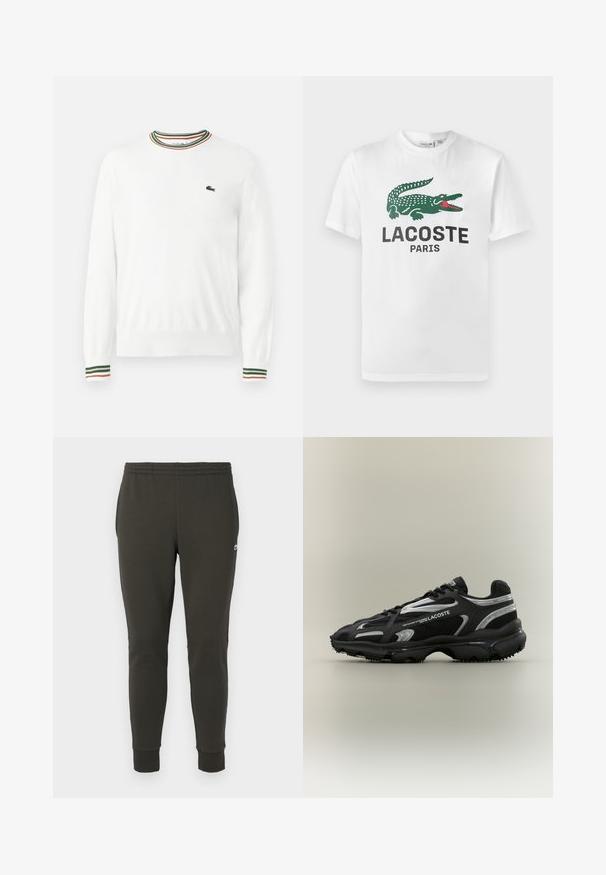 Valkoinen neule, jossa on pyöreä kaula-aukko, ja joka on varustettu vihreillä, punaisilla ja oransseilla raidoilla kauluksessa ja hihoissa. Lacoste-logo rinnassa.; Lacoste Printtipaita - white; Tummanvihreät jogginghousut, jotka on valmistettu pehmeästä kankaasta. Ne sisältävät joustavan vyötärön, ribattuja hihansuita ja pienen logon sivussa.; Musta ja hopea Lacoste-lääkintäkenkä, jossa on verkko- ja synteettinen päällinen, pyöreä kärki, teksturoitu pohja ja brändätyt yksityiskohdat neutraalilla taustalla.
