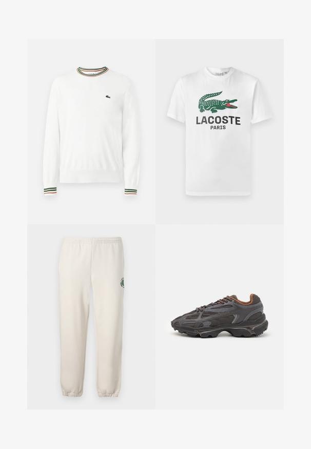 Weißer Pullover mit Rundhalsausschnitt, versehen mit grünen, roten und orangefarbenen gestreiften Akzenten am Kragen und den Ärmeln. Lacoste-Logo auf der Brust.; Lacoste T-Shirt print - white; Helle beige Sweatpants aus Baumwolle mit einem elastischen Bund, gerippten Bündchen und einem grünen Logo mit Blattdesign am linken Bein.; Lacoste Sneaker in Dunkelgrau aus Mesh und Synthetikmaterial, mit einer strukturierten Sohle und braunen Akzenten am Kragen und Logo.