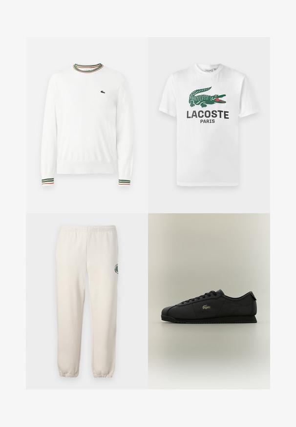 Weißer Pullover mit Rundhalsausschnitt, versehen mit grünen, roten und orangefarbenen gestreiften Akzenten am Kragen und den Ärmeln. Lacoste-Logo auf der Brust.; Lacoste T-Shirt print - white; Helle beige Sweatpants aus Baumwolle mit einem elastischen Bund, gerippten Bündchen und einem grünen Logo mit Blattdesign am linken Bein.; Schwarzer Sneaker mit niedrigem Profil, Schnürung vorne, strukturierter Sohle und kleinem Krokodil-Logo an der Seite, auf neutralem Hintergrund dargestellt.