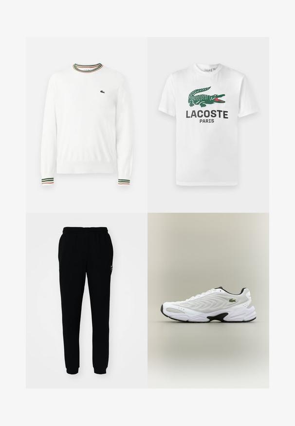 Suéter blanco con cuello redondo, que presenta acentos de rayas verdes, rojas y naranjas en el cuello y las mangas. Logo de Lacoste en el pecho.; Lacoste Camiseta estampada - white; Pantalones de chándal negros con cintura y puños elásticos. Hechos de una tela suave, presentan un pequeño logotipo en la parte superior izquierda.; Zapatilla deportiva blanca con parte superior de malla texturizada, diseño curvado y suela exterior negra en contraste. Presenta un logo verde bordado en el lateral.