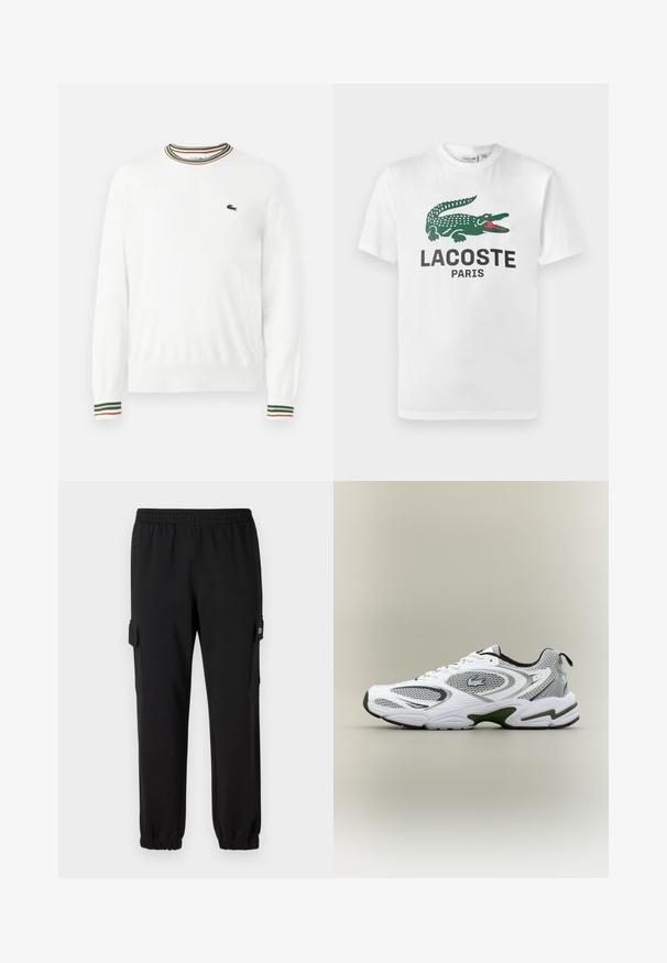 Hvid sweater med rund hals, prydet med grønne, røde og orange striber på kraven og ærmerne. Lacoste-logo på brystet.; Lacoste T-shirts print - white; Sorte sweatpants med elastisk talje, indsnævrede manchetter og sidelommer. Fremstillet af blødt materiale med en glat tekstur.; Hvid og grå sporty løbesko med mesh-paneler, grønne detaljer, sorte elementer og et logo på siden, vist fra ydersiden.