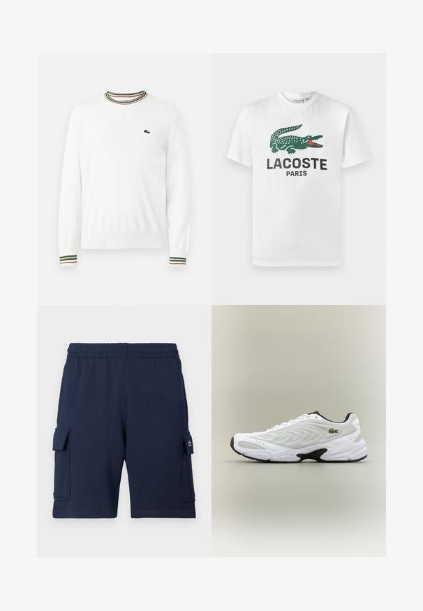 Biely sveter s okrúhlym výstrihom, ktorý má na golieri a rukávoch pruhy v zelených, červených a oranžových odtieňoch. Logo Lacoste na hrudi.; Lacoste Tričko s potlačou - white; Námornícky modré cargo šortky vyrobené z mäkkej látky, s elastickým pásom, dvoma bočnými vreckami a malým logom na ľavom vrecku.; Biele atletické tenisky s textúrovaným sieťovinovým zvrškom, zakriveným dizajnom a kontrastnou čiernou podrážkou. S greennou vyšívanou nášivkou na boku.