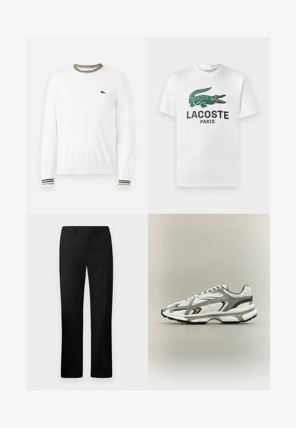 Valge sviiter, millel on ümmargune kaelus ja rohelised, punased ning oranžid triibud kaeluse ja varrukate ääres. Rinnal Lacoste logo.; Lacoste Trükipildiga T-särk - white; Mustad püksid sirge säärega, valmistatud siledast kangast. Omadusteks on tasane esipind ja keskmise kõrgusega vööpais.; Spordijalatsid valgest võrgust ülemise osaga, hallide aktsentidega, musta kummist tallaga ja aerodünaamilise disainiga. Omab paelti ja tekstuuritud detaile.