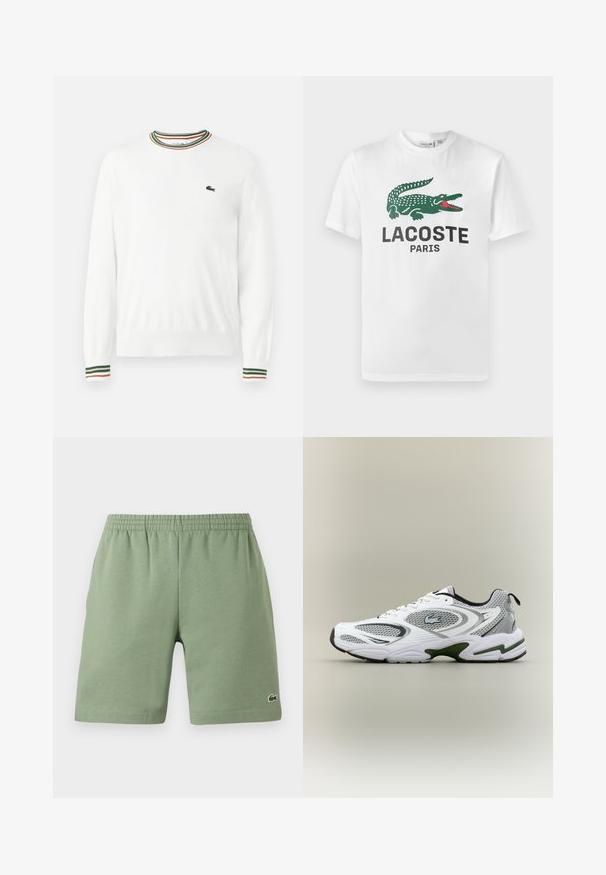 Witte trui met ronde hals, voorzien van groene, rode en oranje gestreepte accenten op de kraag en mouwen. Lacoste-logo op de borst.; Lacoste T-shirt print - white; Groene katoenen shorts met een elastische tailleband, ontspannen pasvorm en een klein geborduurd logo aan de onderkant aan de linkerzijde. Gladde textuur, geen zakken.; Witte en grijze sportieve hardloopschoen met meshpanelen, groene accenten, zwarte details en een logo aan de zijkant, getoond vanaf de buitenkant.