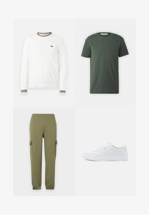 Biely sveter s okrúhlym výstrihom, ktorý má na golieri a rukávoch pruhy v zelených, červených a oranžových odtieňoch. Logo Lacoste na hrudi.; Tmavozelené bavlnené tričko, krátke rukávy, okrúhly výstrih, voľný strih, jednoduchý dizajn a hladká textúra bez viditeľných vzorov alebo akcentov.; Nohavice cargo v olivovo zelenej ľahkej tkanine, s bočnými vreckami, elastickým pásom a zúženými manžetami pre priliehavý strih.; Biele kožené tenisky s hladkým povrchom, zaoblenou špičkou a tónovým prešívaním. Obsahujú modré šnúrky a zlaté logo na boku.