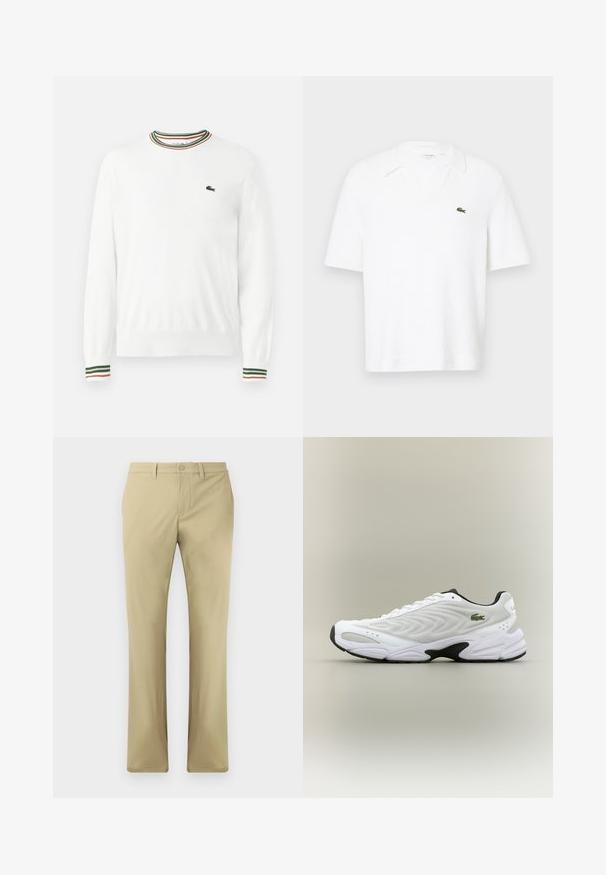 Valge sviiter, millel on ümmargune kaelus ja rohelised, punased ning oranžid triibud kaeluse ja varrukate ääres. Rinnal Lacoste logo.; Valge lühikeste varrukatega polo särk, mis on valmistatud tekstureeritud kangast. Omab V-kaelust ja väikest rohelist logo vasakul rinnal.; Beezid püksid, millel on lamedad esiosad, nööbiga sulgemine ja sirge lõige. Valmistatud siledast kangast, millel on minimaalne nähtavate õmbluste arv.; Valge sportlik king, millel on tekstureeritud võrgu pealisosa, kaardus disain ja kontrastne must tall. Külje peal on roheline tikandiga logo.