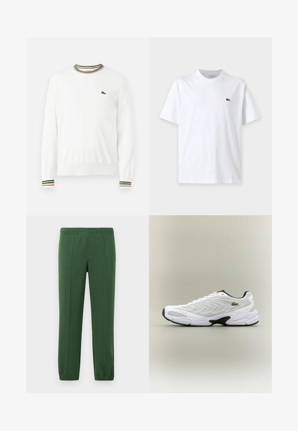 Hvid sweater med rund hals, prydet med grønne, røde og orange striber på kraven og ærmerne. Lacoste-logo på brystet.; Simpel hvid t-shirt med korte ærmer, rund hals og lille grønt krokodillelogo på venstre bryst.; Grønne sweatpants lavet af blødt materiale; har en elastisk talje, tapered ben og et lille logo på siden.; Hvide atletiske sko med tekstureret mesh-overdel, buet design og kontrasterende sort ydersål. Har en grøn broderet logo på siden.